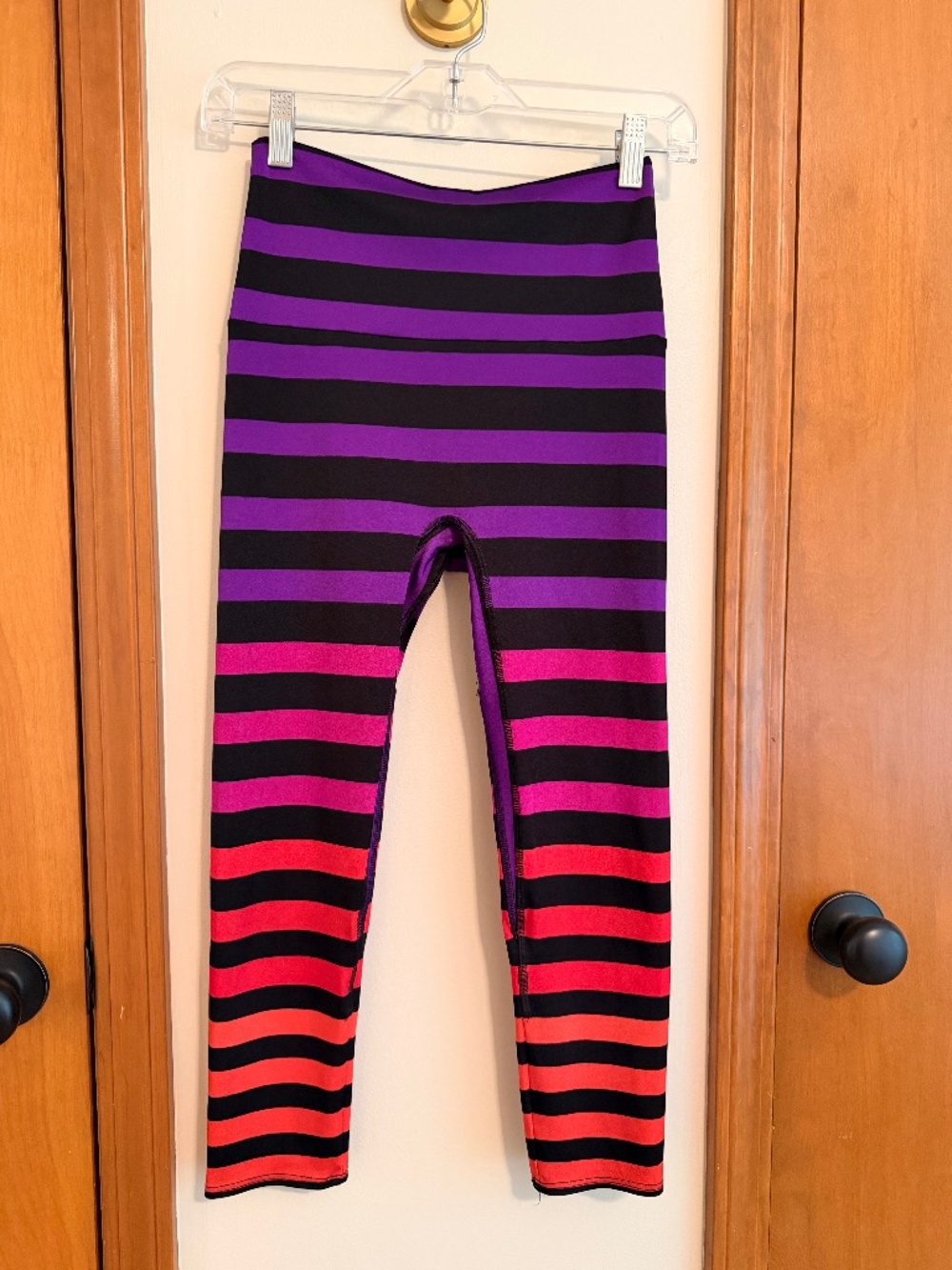 K-Deer Sophia Stripe Capri Leggings — Purple/Pink/Orange Ombré, Size Medium